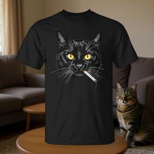 T-Shirt Estetica con Gatto Nero per Amanti dei Gatti, Gattino che Fuma con Slogan 'Dad Meow', T-Shirt Promozionale per Gatti-Papà - Product Image 3