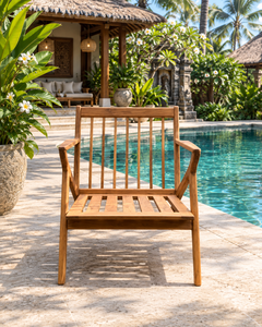 Chaise longue de jardin minimaliste en teck, fauteuil d'extérieur avec accoudoirs, siège à lattes, pour la détente au bord de la piscine - Product Image 3