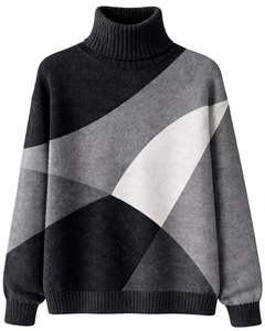 Pull en tricot à col roulé pour femme, personnalisé, haut de gamme, à blocs de couleur, doux, chaud, pull d'hiver décontracté, haut tendance, noir, gris, blanc - Product Image 1
