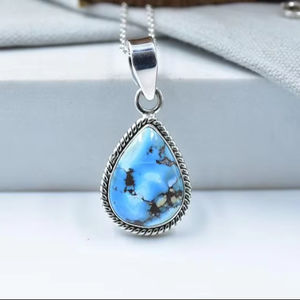 Handmade Golden Hill turquoise and sterling silver pendant with adjustable chain <b>boho</b> gemstone <b>necklace</b> for women - Product Image 1