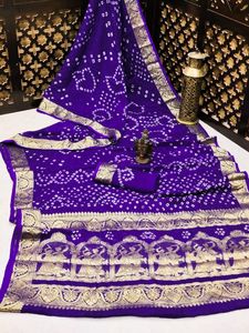 Sari de Seda Bandhej Puro con Tejido Zari, Borde Ancho y Pallu Rico, Traje Tradicional Indio de Moda, Venta al por Mayor para Mujeres - Product Image 4