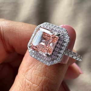Anillo de Compromiso con Diamante Cultivado en Laboratorio de Corte Asscher, Color Rosa, Doble Halo, en Oro Blanco de 14k, Anillo de Boda con Diamante Redondo a Bajo Precio - Product Image 2