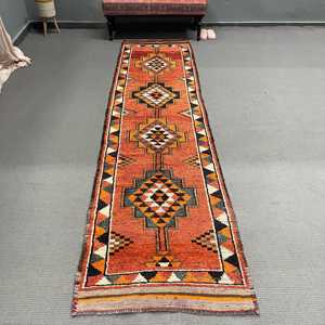 Vintage Turkish <b>Runner</b> Rug 2.9x11.2 ft, <b>Red</b> Black Plants & trees Wool Rug - Product Image 1