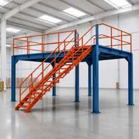 Plateforme de mezzanine en acier avec accès par escalier, plateforme de travail surélevée industrielle, plateforme de stockage en entrepôt