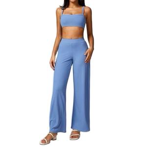 Conjunto Deportivo de Yoga para Mujer, Estilo Urbano, Cuello Cuadrado, Transpirable, Verano, Pierna Ancha, Cintura Elástica, Felpa, para Gimnasio - Product Image 3