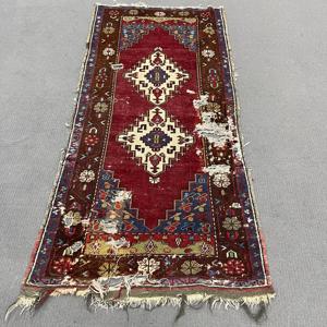 3x6.3 ft Turkish Vintage <b>Wool</b> Rug Eco-Friendly Patchwork Design <b>Red</b> Plants & Trees Pattern Accent Rug with Latex Backing - Product Image 1