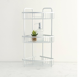 Organizador de esquina de alambre blanco simple de tres niveles. Almacenamiento práctico para baño o cocina disponible a precios de mayoreo. - Product Image 1