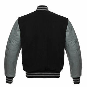 Veste varsity noire pour homme avec manches en cuir PU gris, col rabattu, vêtement décontracté pour l'automne - Product Image 3