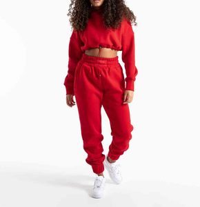 Solid plain <b>Red</b> color <b>crop</b> <b>top</b> long sleeve custom made wheolsale price <b>top</b> quality fabric women two piece <b>crop</b> <b>top</b> tracksuits - Product Image 2