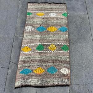 Vintage Small Rug 1.7x3.3 ft, <b>Brown</b> Yellow Floral Rug <b>Wool</b> - Product Image 1