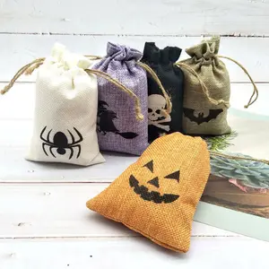Hot Sale Party Gift Decorations Trick Or Treat Mini Candy Storage Natural Linen Mini Halloween Bag