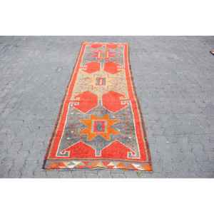 3.2x9.9 ft Rug, Vintage Turkish <b>Runner</b> Rug, <b>Red</b> Herki Wool Rug - Product Image 1