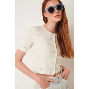 Casual Floral Print Crew Neck Nonwoven <b>Cardigan</b> <b>with</b> Embroidery and Button Decoration Long Polyester <b>Short</b> <b>Sleeves</b> for Winter - Product Image 2