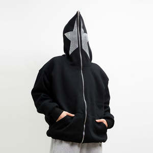 2025 hommes pull surdimensionné fermeture éclair unisexe poids lourd meilleur personnalisé pleine fermeture éclair blanc plein visage fermeture éclair surdimensionné strass à capuche - Product Image 1