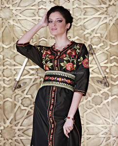 Black Half Sleeves Caftan <b>With</b> Lace Work on Side Floral Embroidery on Top and <b>Belt</b> <b>With</b> Beautiful Stone Work - Product Image 1