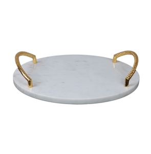 Plateau de service en marbre rond unique de luxe avec poignées en métal doré Plateau de service de table moderne - Product Image 6