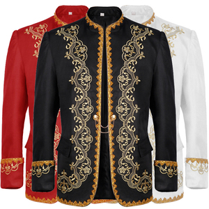 Chaqueta de cuero genuino para hombre con cuello mandarín y bordado dorado, abotonadura sencilla, para actuaciones formales, con plumas de ganso blanco, personalizada - Product Image 1