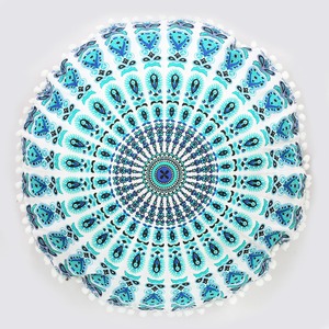 Beautiful Living Room <b>Sofa</b> Decor Round Cushion <b>Cover</b> Mandala Ethnic Cushion Cotton <b>Cover</b> 32" Pom Pom By Indian Consigners - Product Image 2