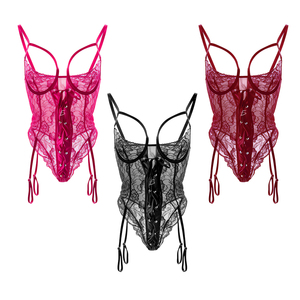 Corsetto in pizzo con laccio regolabile frontale e liguero per un paio di calze - Product Image 1