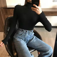 Pull en maille côtelée 100 % coton pour femme, décontracté, automne-hiver, manches longues, coupe ajustée, respirant, séchage rapide, doux, chaud, couleur unie