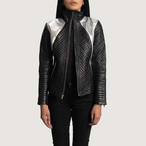 Alia Autumn Biker <b>Jacket</b> in Metallic Black Satin Quilted Sheep Skin Custom Logo Bomber/Varsity/Western Style Short Length <b>Blazer</b> - Product Image 1