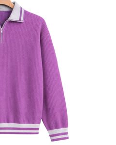 Manufacturer Mens Quarter Zip Knit Sweater <b>Purple</b> Solid Textured Knit Contrast Rib Hem Warm Winter Casual Pullover OEM Custom - Product Image 4