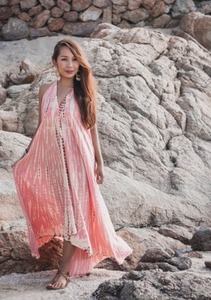 Robe maxi bohème rose / Dos ouvert / Été 100% coton Col en V Sans manches Respirante - Product Image 3