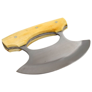 Couteau Ulu compact pour droitiers avec lame en acier Damas incurvée durable, manche en bois, lavable au lave-vaisselle pour une découpe rapide en cuisine - Product Image 5