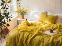 Ensemble de housse de couette en lin moutarde, 3 pièces, lavé, antistatique, style européen, doux, jaune, boutons en noix de coco, ruban, qualité hôtelière