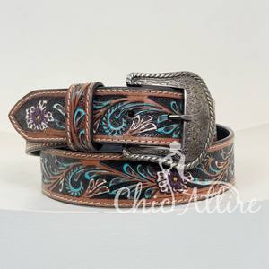 Ceinture en cuir de vachette usinée à la main de conception florale de personnalisation de luxe pour hommes et femmes ceintures en cuir véritable à boucle ardillon réglable - Product Image 1