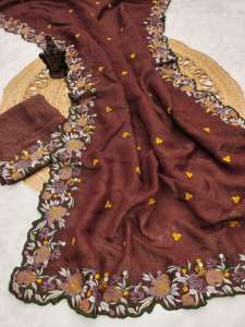 Sari de seda suave de diseñador con bordado Zari Work, Stone Work Designer Wedding Function Wear Sari, Party Wear Saree. - Product Image 4