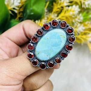 Raw Turquoise <b>Ring</b>, 925 Silver <b>Ring</b>, Bohemian Three <b>Stone</b> <b>Ring</b>, <b>Large</b> <b>Stone</b> <b>Ring</b>, Turquoise <b>Ring</b>, Designer <b>Ring</b> , Gift for Her - Product Image 1