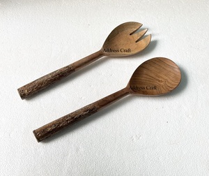 Serveur à salade en bois de manguier poli, manche en marbre terrazzo pour ustensiles de cuisine, vaisselle, outil à salade, couverts en bois, cuillère et fourchette - Product Image 3