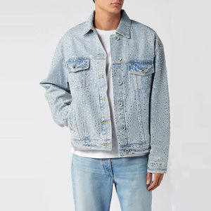 Chaqueta Vaquera Personalizada con Pedrería para Hombre, Chaqueta de Mezclilla con Efecto Desgastado, Abrigo de Algodón Vaquero, Chaqueta Vaquera Vintage Lavada de Talla Grande - Product Image 1