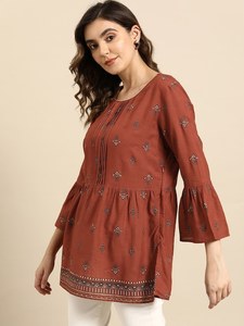 Indian Ethnic Wear Elegant O-Neck <b>Three</b> Quarter Sleeve Cotton Embroidery Fit Flare Silhouette Short Top for Office Regular Wear - Product Image 2
