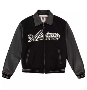 Veste varsity pour homme Avirex, en cuir noir, col montant, logo brodé, fermeture éclair sur le devant, style décontracté d'hiver, coupe-vent, respirante - Product Image 1