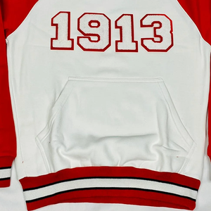 DST 1913 Chenille Crewneck |   Pull en polaire unisexe rouge et blanc à manches raglan, hiver, éco-responsable, avec écusson brodé Année de fondation sur le devant - Product Image 4