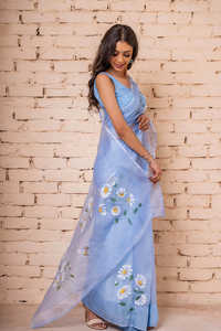 Saree doux Kota Doria peint à la main à fleurs de qualité supérieure avec chemisier en soie d'art disponible à la vente d'Inde - Product Image 4