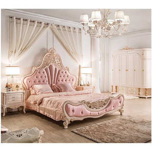 เตียงนอนคู่สไตล์ยุโรป ทำจากไม้เนื้อแข็ง สำหรับห้องนอนใหญ่ แต่งงานได้ แกะสลักลายทอง สีชมพูสไตล์เจ้าหญิง ตกแต่งทั้งหลัง แบบใหม่สั่งทำพิเศษ หรูหราเบาๆ - Product Image 2