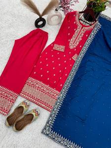 El último diseñador Chinon Seda Bordado Secuencia Trabajo Kurti Set Por Fab Zone - Product Image 4