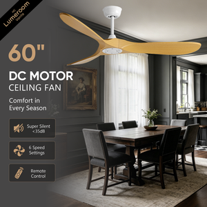 60 Inch 3 Blade <b>Ceiling</b> <b>Fan</b> Without Light Solid Wood Design with Quiet Reversible DC Motor for Living Room Bedroom - Product Image 1