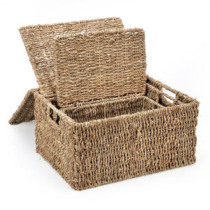 Organiseurs de rangement en paille de mer avec poignée découpée, paniers à couvercle tissé, boîtes en herbe de mer, organiseur de boîte en herbe de mer - Product Image 3