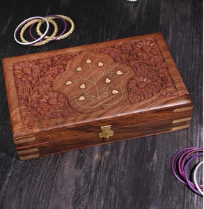 <b>Wooden</b> <b>Jewellery</b> Box with Brass Inlay for Women Hand carved Multipurpose Storage Vintage Decorative Chest Trinket Holder Gift - Product Image 2