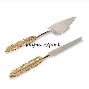 Noël Vintage Luxe Service Ensemble de 2 couteau à gâteau manche en feuille d'or fait à la main prix de gros Couverts cuisine cuillère de service - Product Image 1