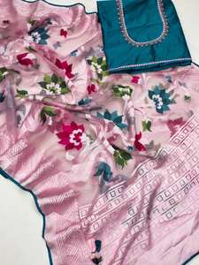 Sari de seda suave de diseñador indio, ropa informal y Sari de fiesta, Sari de trabajo de bordado, Sari de ropa de boda de diseñador. - Product Image 3