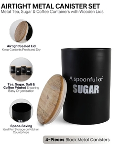 ภาชนะใส่ชาและน้ำตาลโลหะสีดำภาชนะใส่เกลือพร้อมฝาไม้ชุดเก็บอาหาร4ชิ้นของตกแต่งห้องครัวแบบชนบท - Product Image 4