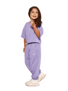 Girls Purple Crop Top & Pants Set Crew Neck Short Sleeve Loose Fit Embroidery Design All Seasons Children's Wear - Product Image 4
