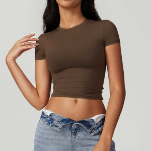 Crop top tendance minimaliste à carreaux pour femme, col rond, été, 100% coton, décontracté, doux, écologique, séchage rapide, anti-UV, tenue quotidienne - Product Image 3