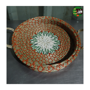 Meilleur prix, mélange de styles, plateau rond en nacre et en mosaïque, plateau de service en rotin, plateau en rotin avec incrustation en céramique, en vente - Product Image 2