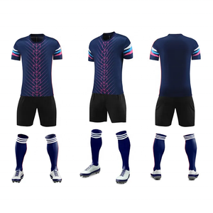 Custom Sublimated Soccer Uniform Navy Blue Pink Geometric Print Crew Neck Short Sleeve Moisture Wicking Unisex <b>Athletic</b> Front - Product Image 1